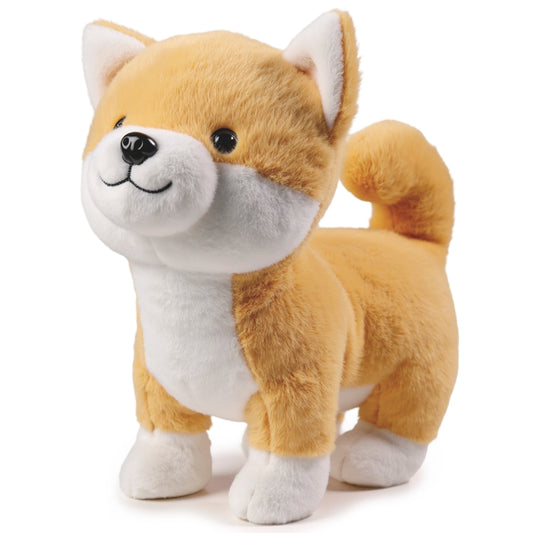 Cute Shiba Inu interactive plush toy with realistic tan and white fur, black button eyes, a smiling embroidered mouth, and a curled tail. The toy stands on all four legs and features sound and motion capabilities, making it an engaging and lifelike companion for children and collectors.