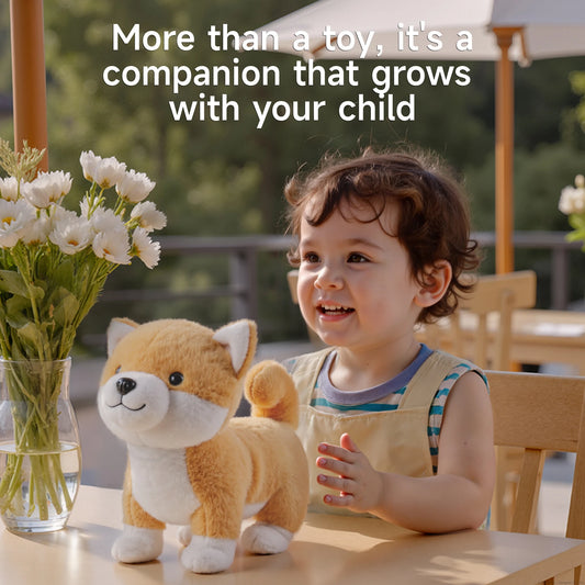 Smiling toddler sitting at an outdoor table beside a realistic Shiba Inu interactive plush toy with tan and white fur. The child appears joyful and engaged, emphasizing the toy’s role as a companion. Text overlay reads: 'More than a toy, it's a companion that grows with your child.'