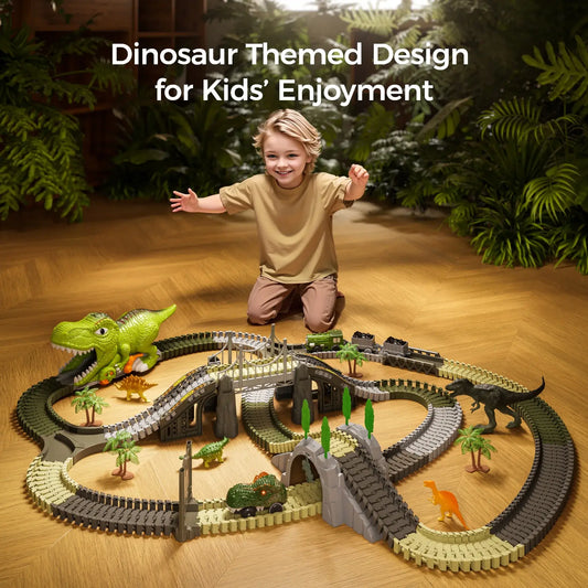 Smiling boy playing with a dinosaur track playset featuring flexible tracks, bridge, tunnels, toy cars, train, and multiple dinosaur figures, creating an exciting Jurassic-themed adventure scene.