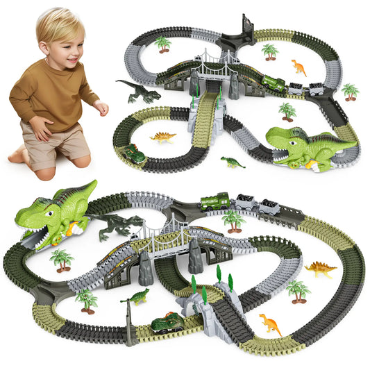 Dinosaur track playset with flexible race tracks, bridge, tunnels, gates, green train engine, toy cars, and multiple dinosaur figures, creating a Jurassic adventure scene for kids.