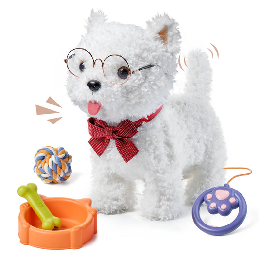 Fluffy white Interactive walking toy dog wearing round glasses and a red plaid bow tie, shown with its tongue out and tail wagging. Surrounding the dog are playful accessories: an orange food bowl with a green bone inside, a blue-yellow-white rope ball, and a purple leash handle shaped like a paw. The background is clean white.