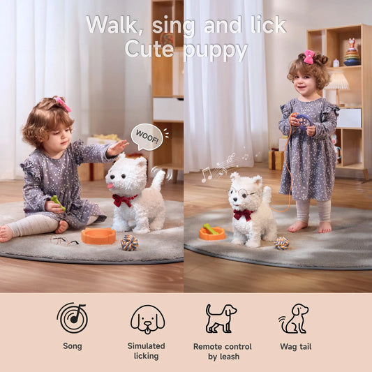 Young girl playing with a fluffy white battery operated Interactive toy dog that wears a red bow tie and glasses. In the left scene, she gently pets the dog, which responds with 'WOOF!' sound. On the right, she uses a purple paw-shaped leash remote to control the dog, which stands near its orange food bowl, green bone, and rope ball. The toy demonstrates singing, licking, leash control, and tail wagging, shown with illustrative icons and musical notes. Cozy room setting with soft lighting and a modern books