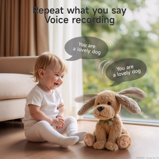 Smiling toddler interacting with the Interactive Singing and Talking Plush Toy, a soft plush dog that repeats the child’s voice, saying 'You are a lovely dog' with its voice recording feature.
