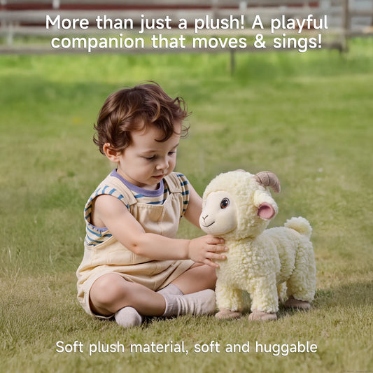 Toddler sitting on green grass playing with an interactive stuffed lamb toy; text overlay reads: “More than just a plush! A playful companion that moves & sings. Soft plush material, soft and huggable.”