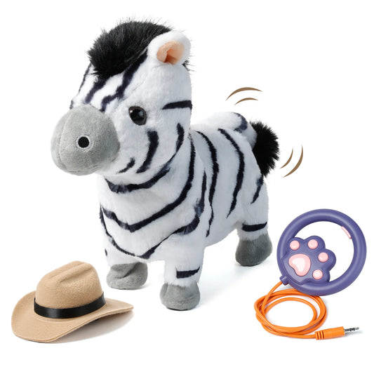 Interactive zebra plush toy with black and white stripes, gray snout, and a black mane and tail, standing upright. Includes a tan cowboy hat and a purple paw-shaped remote control with an orange cord and 3.5mm plug. Motion lines around the tail suggest movement.