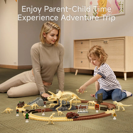 Mother and child playing together on the floor with a dinosaur-themed racetrack playset that includes fossil-style dinosaur figures, toy cars, and various decorative elements, promoting imaginative play and parent-child bonding in a cozy home environment.