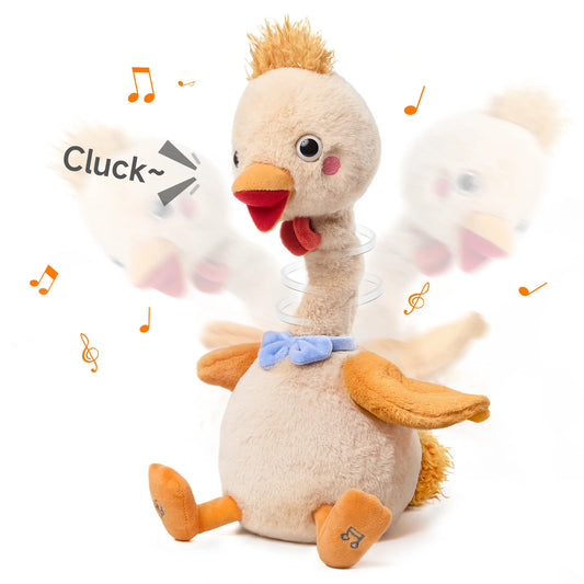 Plush chick Interactive toy with an orange beak and wings, wearing a blue bowtie, making a ‘Cluck~’ sound. The toy's head is shown bobbing with motion lines and musical notes around it, indicating movement and sound features.