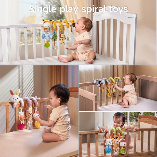 Collage of babies playing with colorful spiral toys attached to crib rails. Each spiral features plush animals, rattles, and textured elements, offering fun sensory stimulation. These versatile toys are ideal for cribs, strollers, or car seats, making playtime engaging and delightful.