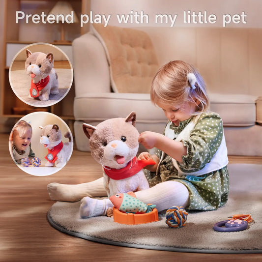 Young girl engaging in pretend play with a plush interactive toy cat wearing a red bandana, surrounded by accessories including a toy fish in a bowl, rope ball, and leash controller, in a cozy living room setting.