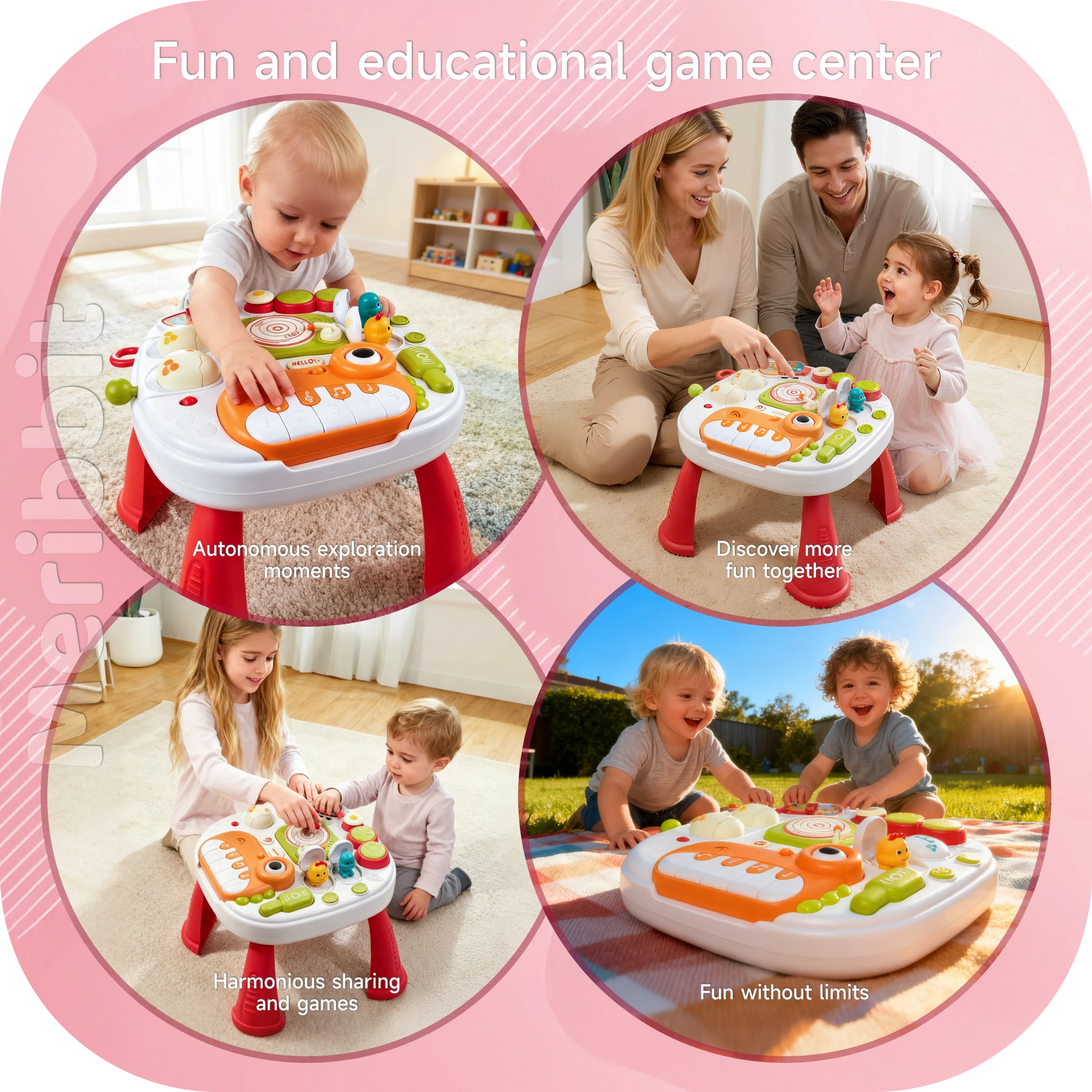 Baby learning activity table shown in four play scenes — solo exploration, parent-child play, sibling interaction, and outdoor fun; educational toy promoting creativity, sharing, and sensory development.