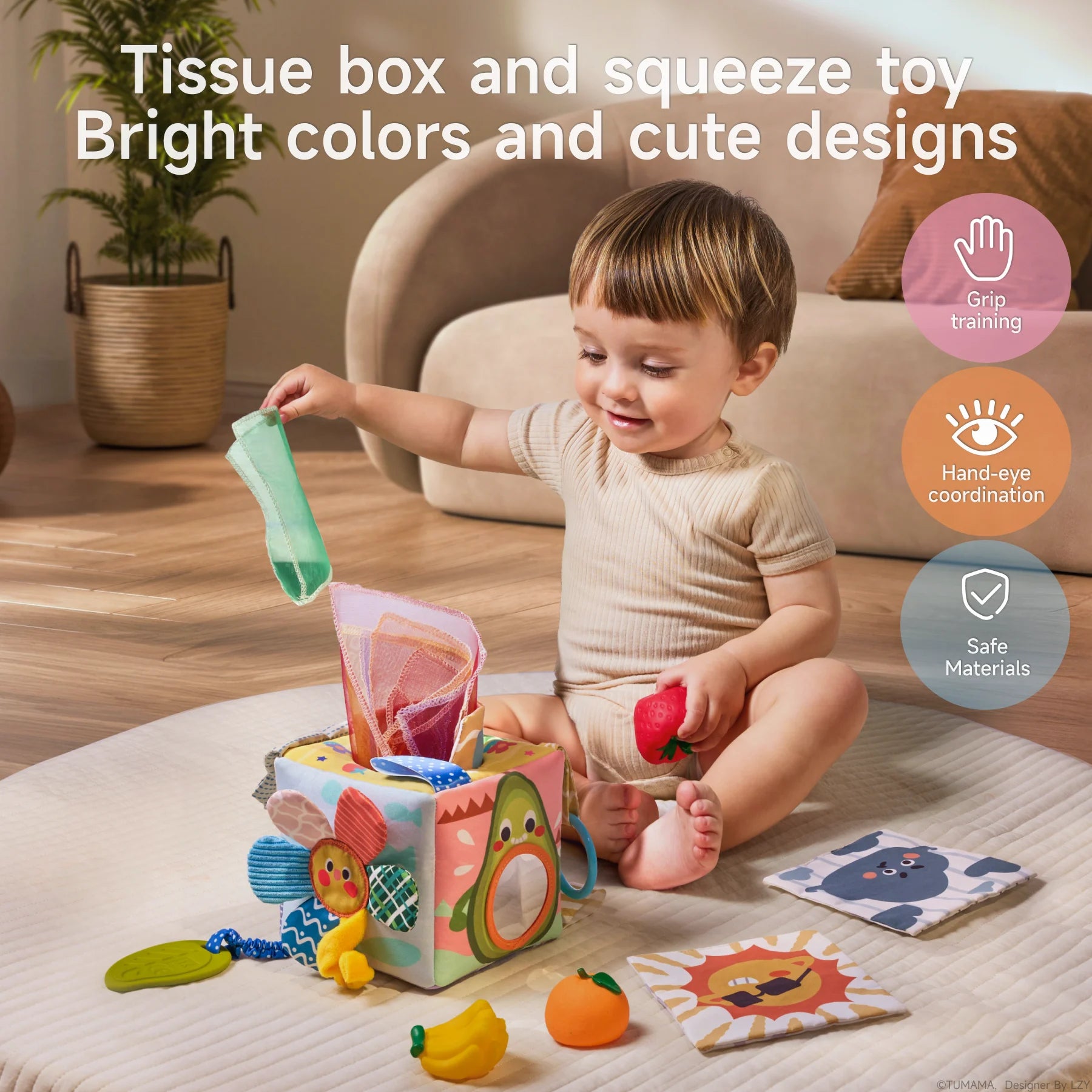 Baby playing with a Montessori tissue box toy and squeeze toys featuring bright colors and cute designs, surrounded by soft fruit toys and animal cloth cards, promoting grip training, hand-eye coordination, and made from safe materials.