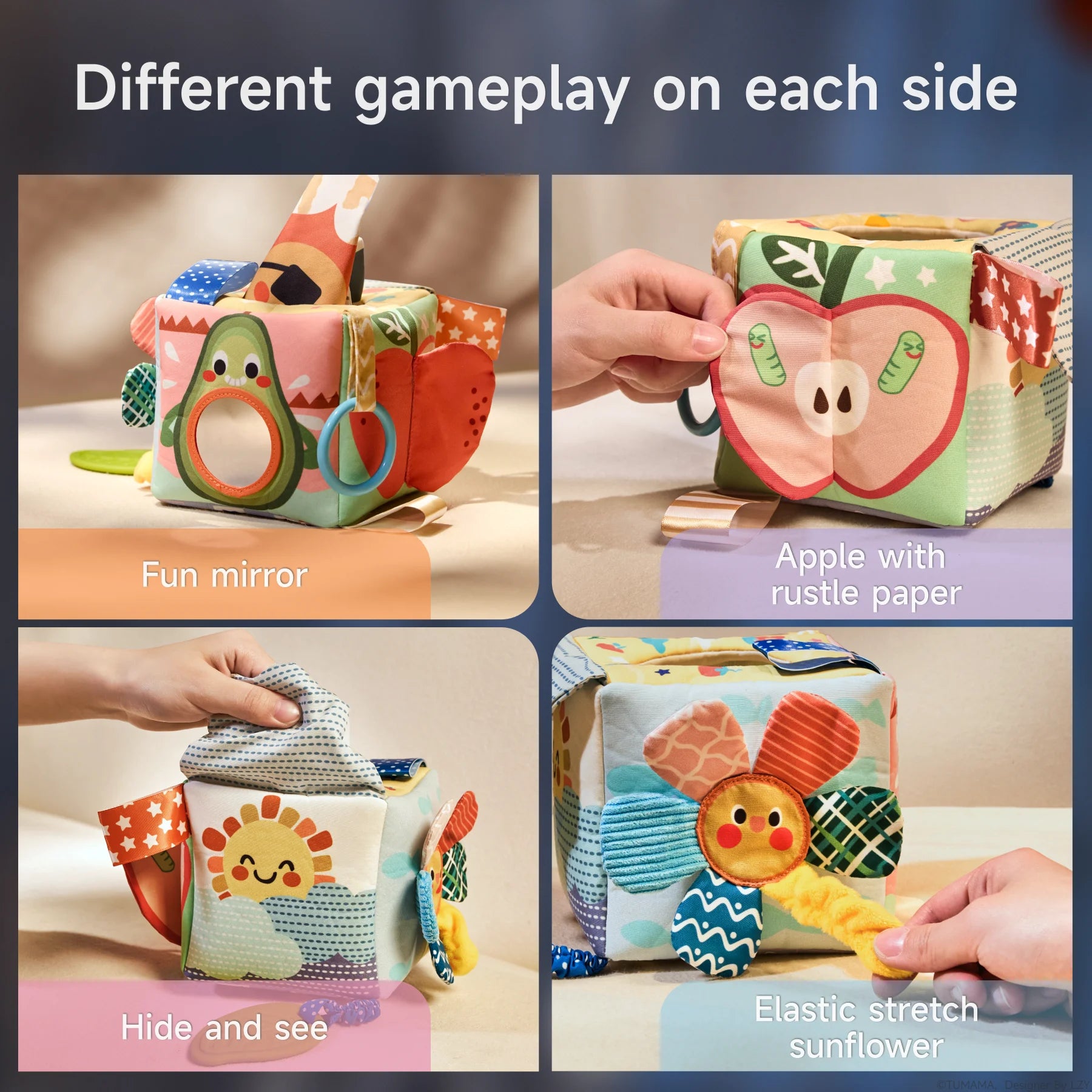 Montessori tissue box toy featuring different activities on each side, including a fun mirror, apple with rustle paper, cloud with rustle paper, and an elastic stretch sunflower, designed for sensory play and early childhood development.