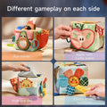 Montessori tissue box toy featuring different activities on each side, including a fun mirror, apple with rustle paper, cloud with rustle paper, and an elastic stretch sunflower, designed for sensory play and early childhood development.