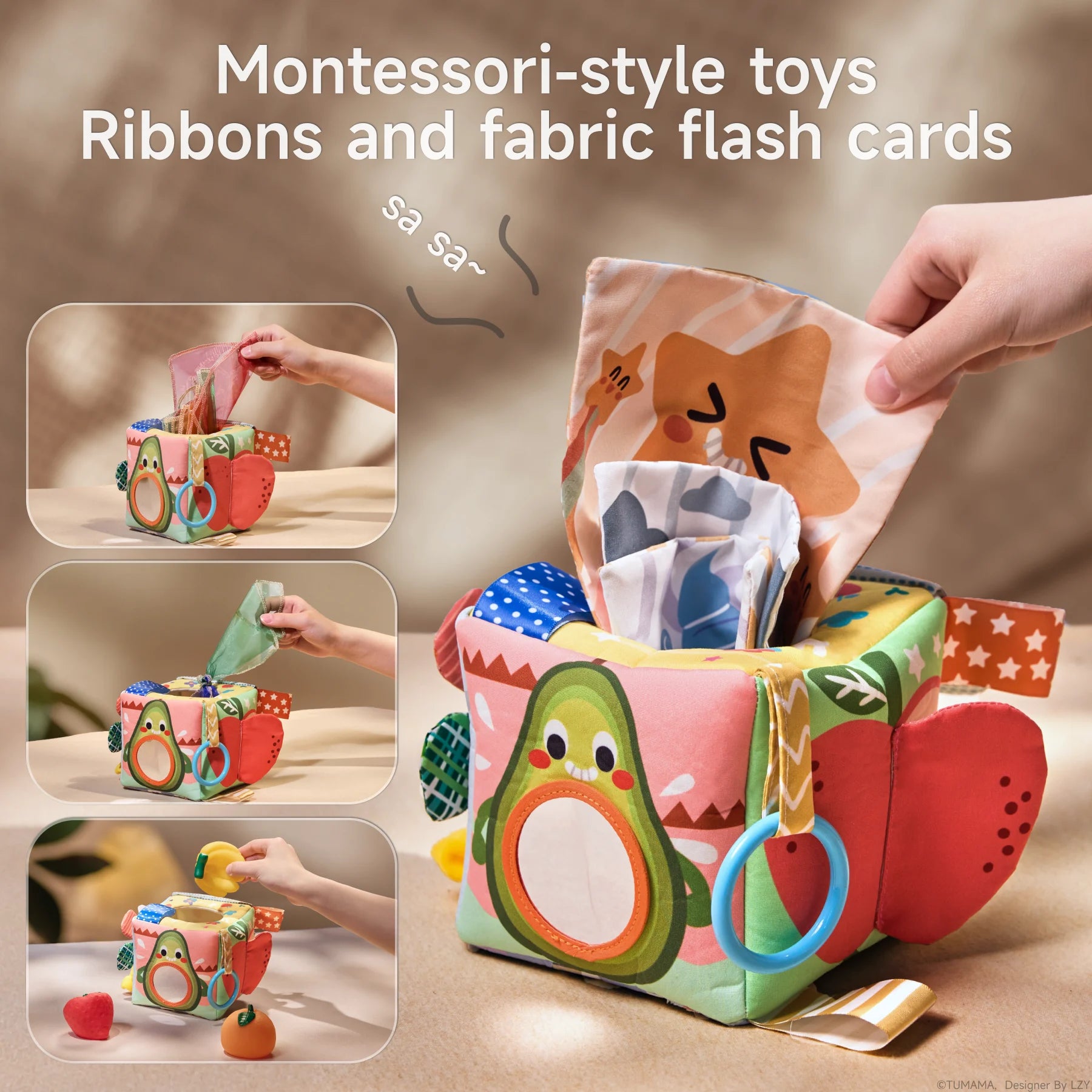 Montessori pretend play tissue box toy for sensory stimulation, featuring colorful cloth tissues, soft fruit toys, and multiple interactive sides, designed to encourage imaginative play and early childhood development.