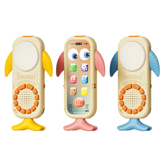 Three whale-shaped baby toy phones with colorful fins and tail stands, featuring a cartoon-style screen with app icons in the center, and yellow, pink, and blue color variations.