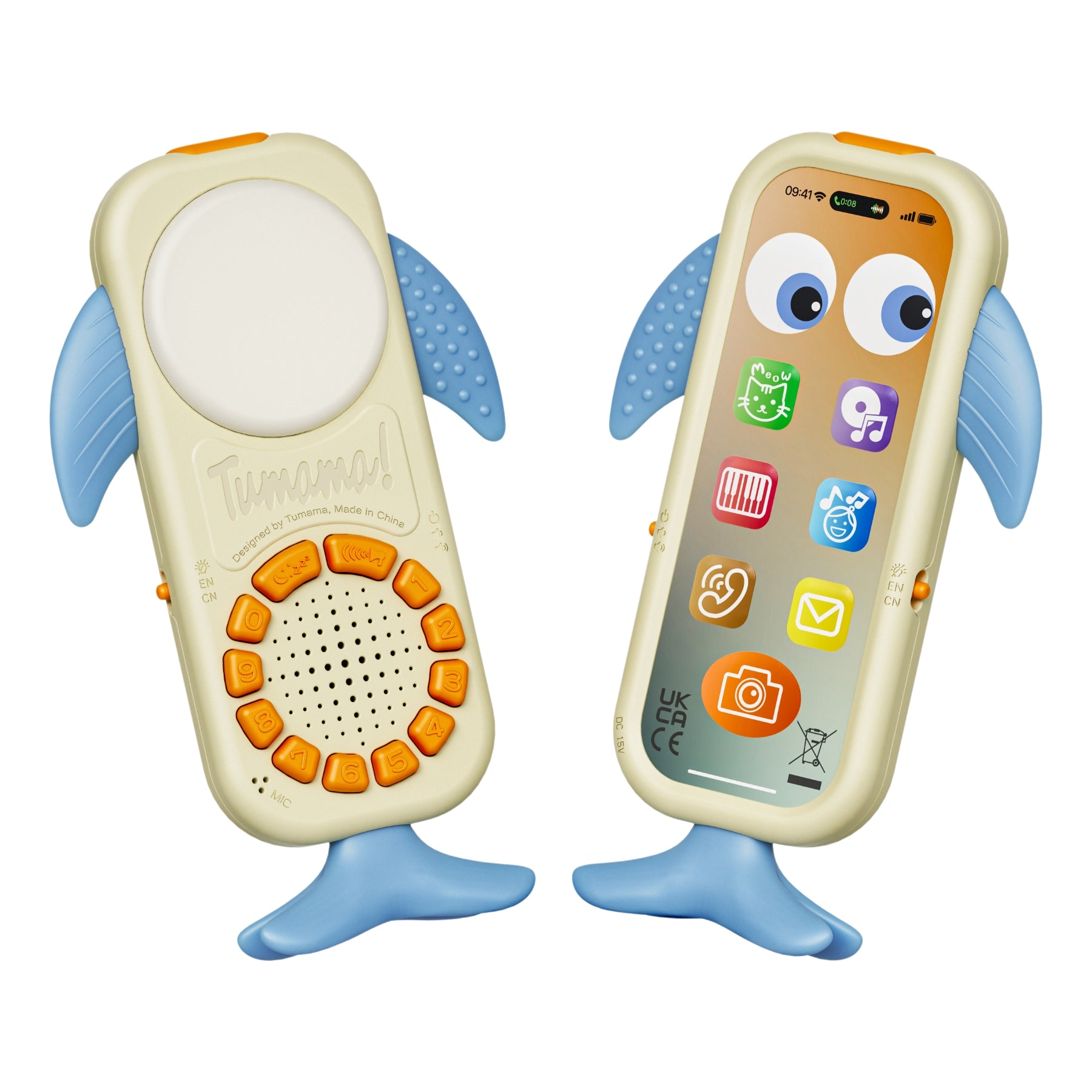 Two whale-shaped baby toy phones with blue fins and tails, featuring orange buttons and a cartoon-style screen with colorful app icons. One toy shows the front speaker and buttons, while the other displays the screen interface.