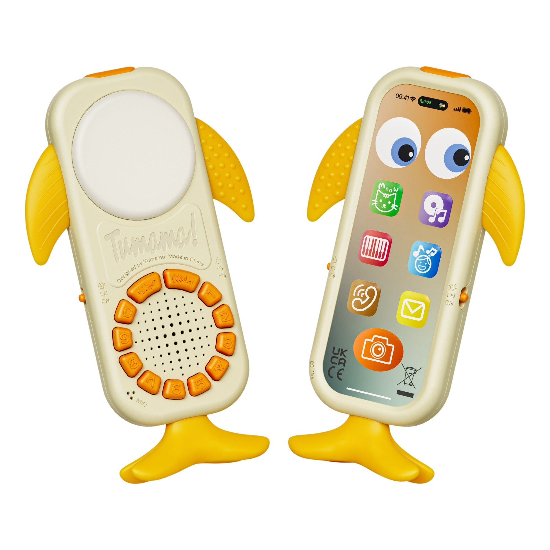 Two whale-shaped baby toy phones with yellow fins and tails, featuring orange buttons and a cartoon-style screen with colorful app icons. One toy displays the front speaker and buttons, while the other shows the screen interface.