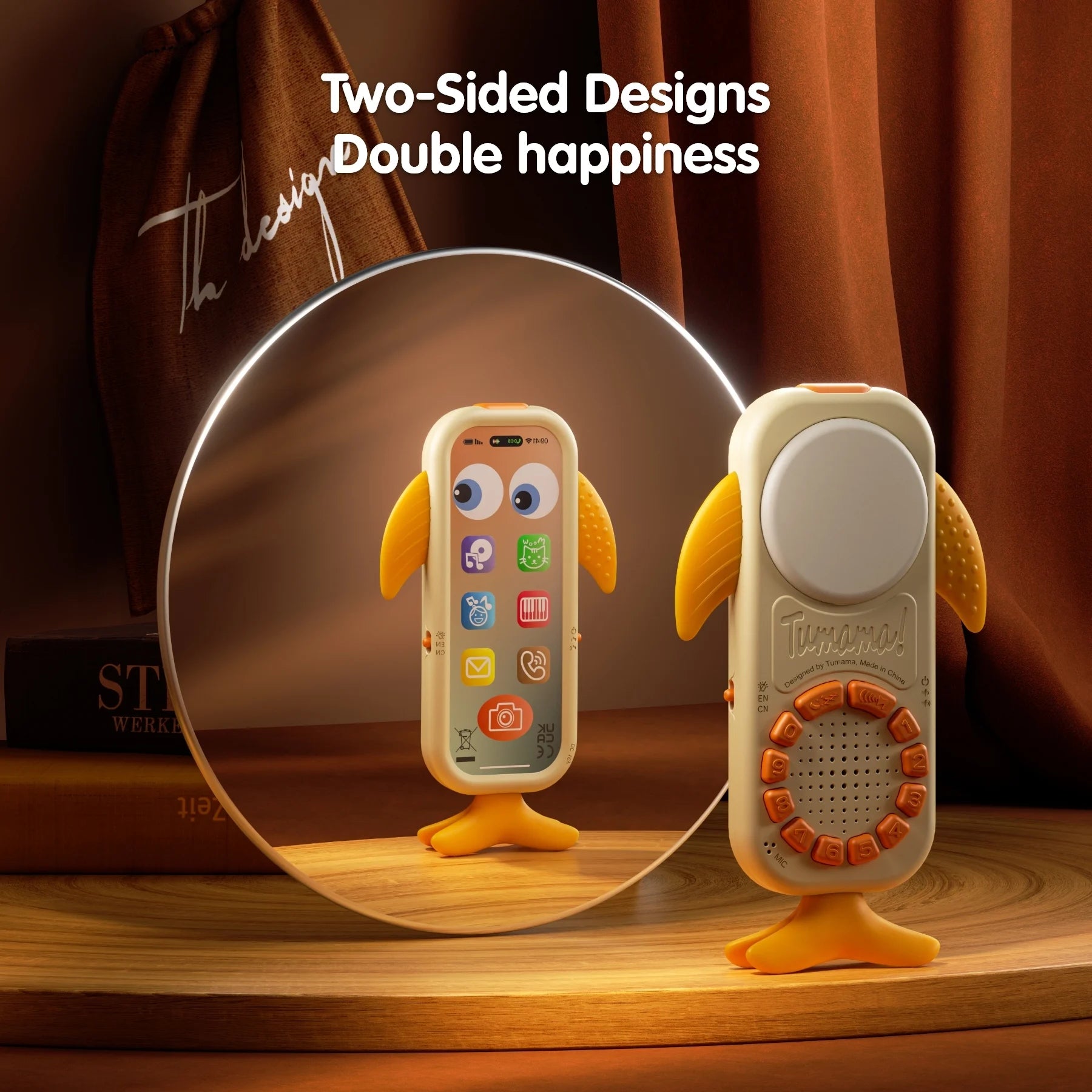 A whale-shaped baby toy phone with blue fins and tail floating above an open glowing book, surrounded by illuminated numbers and English words for numbers. Text at the top reads “Chinese-English bilingual vocalization, digging out language talent.”