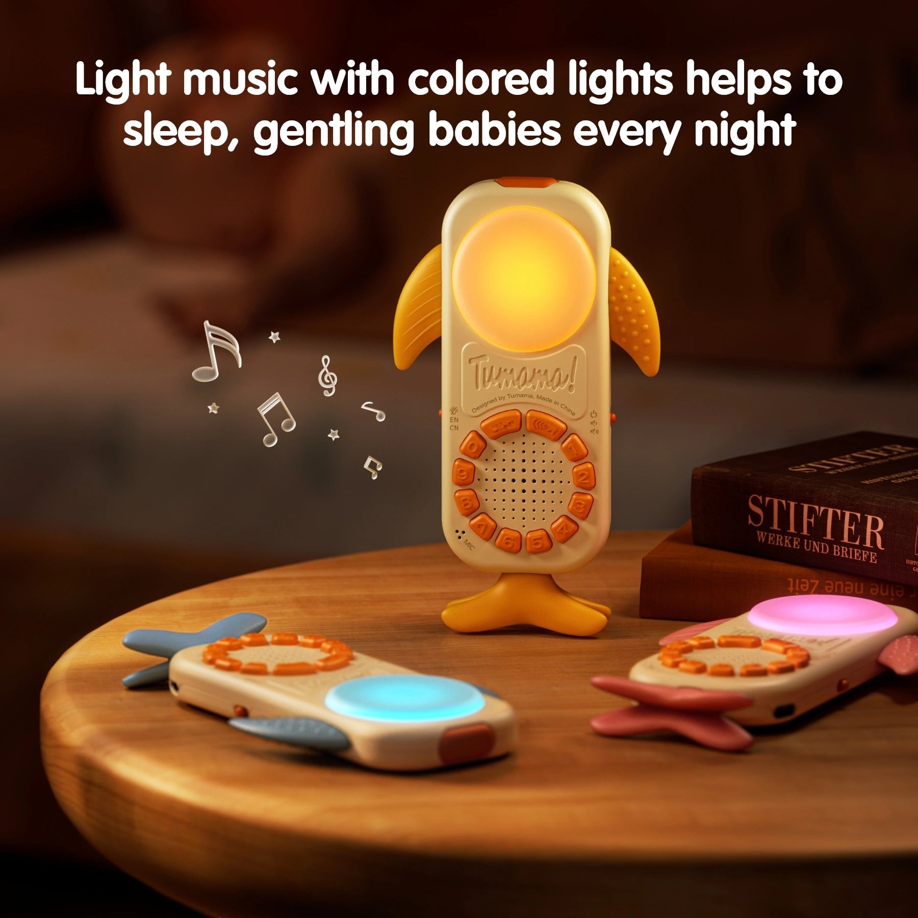 Three whale-shaped baby toy phones with glowing lights in yellow, blue, and pink on a wooden nightstand, surrounded by floating musical notes. Text at the top reads “Light music with colored lights helps to sleep, gentling babies every night.”