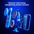 An exploded view of a whale-shaped baby toy phone showing its internal components, including casing, buttons, fins, circuit board, speaker, and screen with cartoon app icons. Text at the top reads “Ultrasonic mold closing, strengthening chimeric structure.”
