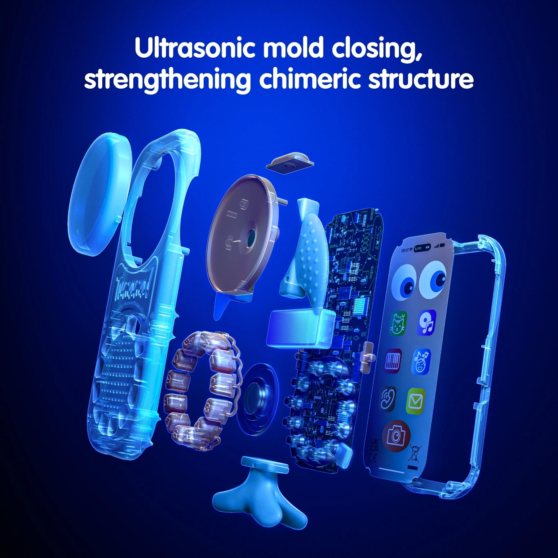 An exploded view of a whale-shaped baby toy phone showing its internal components, including casing, buttons, fins, circuit board, speaker, and screen with cartoon app icons. Text at the top reads “Ultrasonic mold closing, strengthening chimeric structure.”