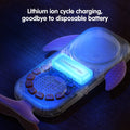 A transparent whale-shaped baby toy phone showing its internal lithium battery glowing blue, with visible buttons and fins. Text at the top reads “Lithium ion cycle charging, goodbye to disposable battery.”