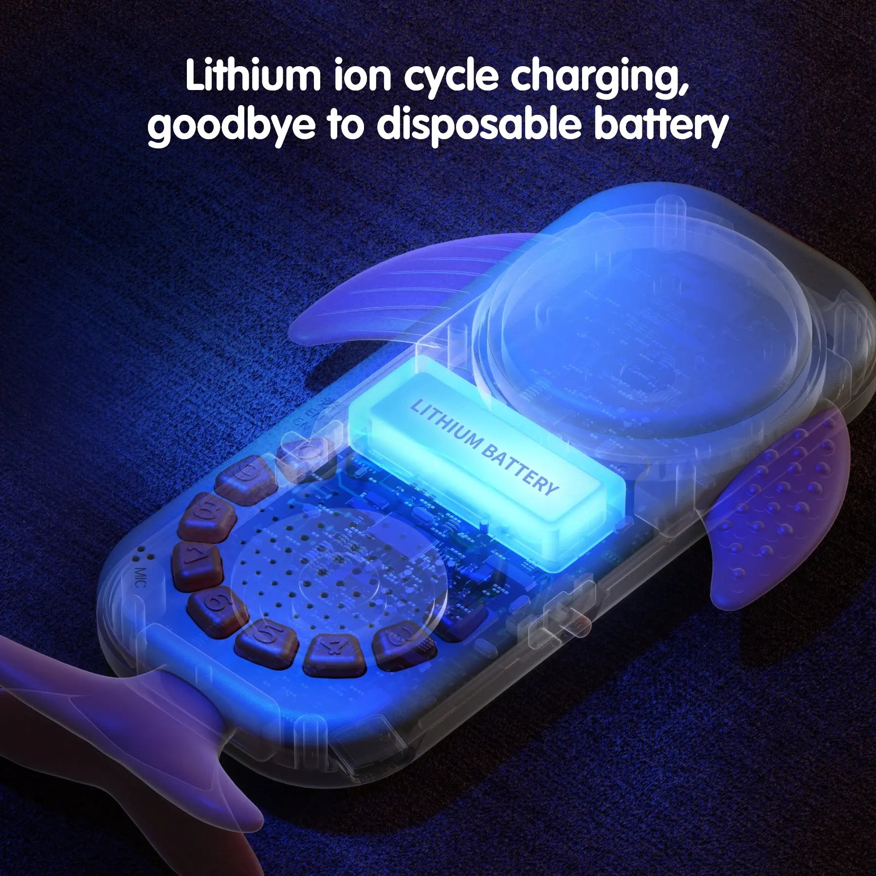 A transparent whale-shaped baby toy phone showing its internal lithium battery glowing blue, with visible buttons and fins. Text at the top reads “Lithium ion cycle charging, goodbye to disposable battery.”