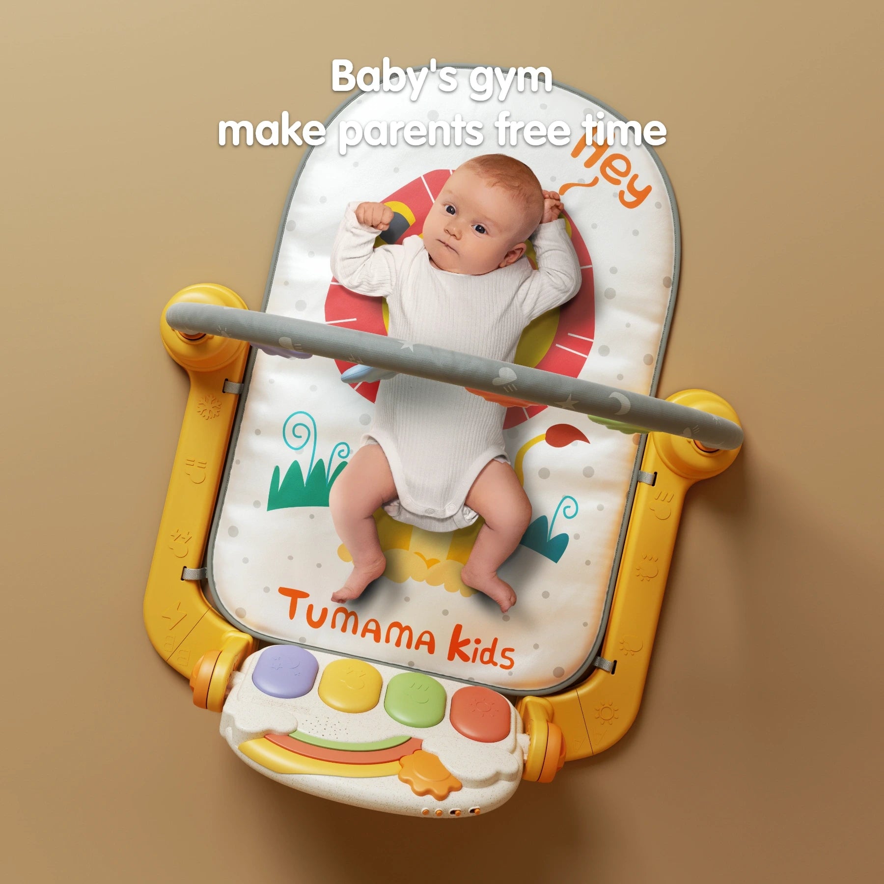 Baby lying on Tumama kids lion-themed baby jungle gym with colorful rainbow piano keyboard and hanging rattles, promoting hands-free time for parents.