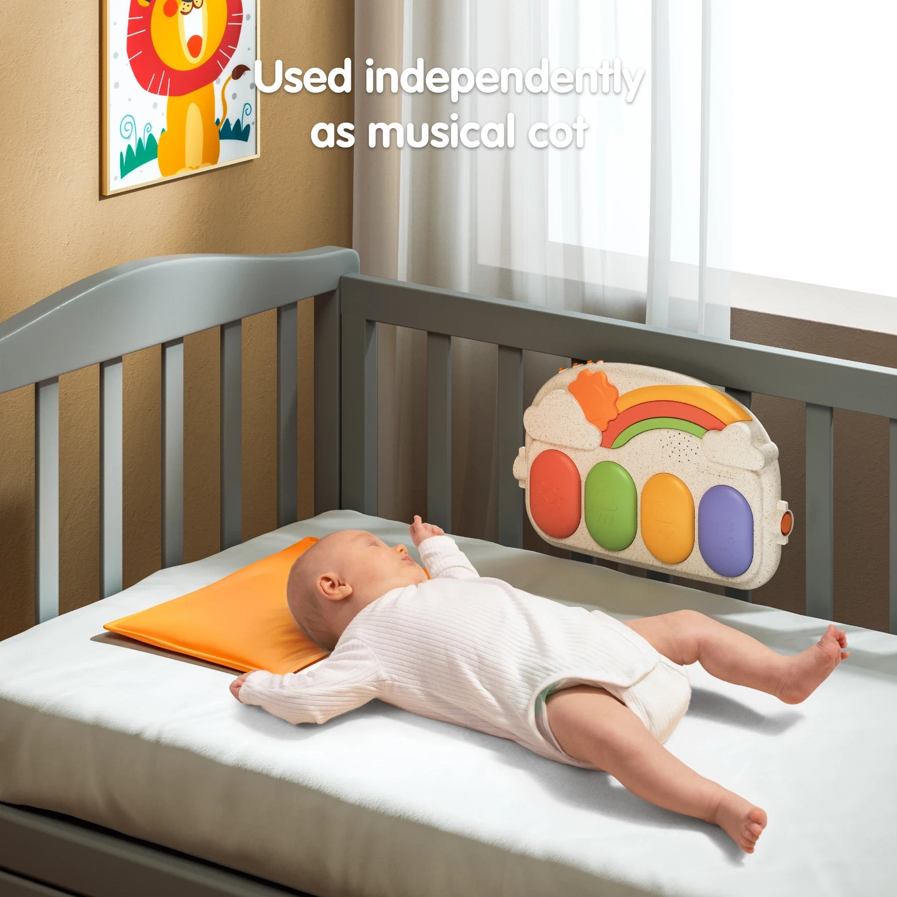 Baby lying in crib with Tumama rainbow piano used independently as a musical cot toy, colorful keyboard soothing infant to sleep.