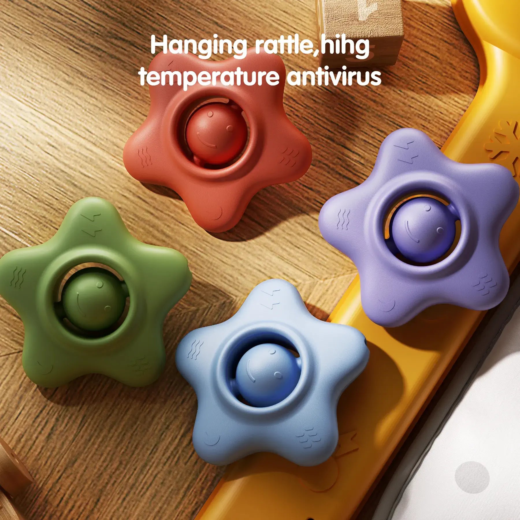 Four colorful star-shaped baby rattles in red, green, blue, and purple, made of safe chewable material, high temperature resistant for disinfection, suitable as hanging toys for baby gym.