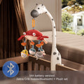 Zebra-themed Bluetooth crib mobile with red crab plush and hanging sea animals, mounted on a wooden crib. A blue Bluetooth icon appears in the corner. Caption at the bottom reads: “(AA battery version) Zebra Crib mobile (Bluetooth) + Plush set.”