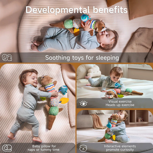 A promotional image featuring multiple uses of a multifunctional otter sensory toy for baby development. The layout includes a large main image on the left showing a baby in light blue ribbed clothing cuddling the plush otter toy while lying on a cream textured surface.