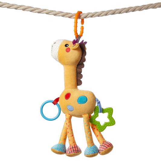 A plush hanging giraffe baby toy with colorful spots, textured legs, and attached teething rings, suspended by an orange clip on a rope.