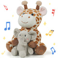 Interactive Giraffe Stuffed Animal Cuddling an Elephant Plush, featuring Voice Recording and Singing Functions, surrounded by Musical Notes and Sparkles.