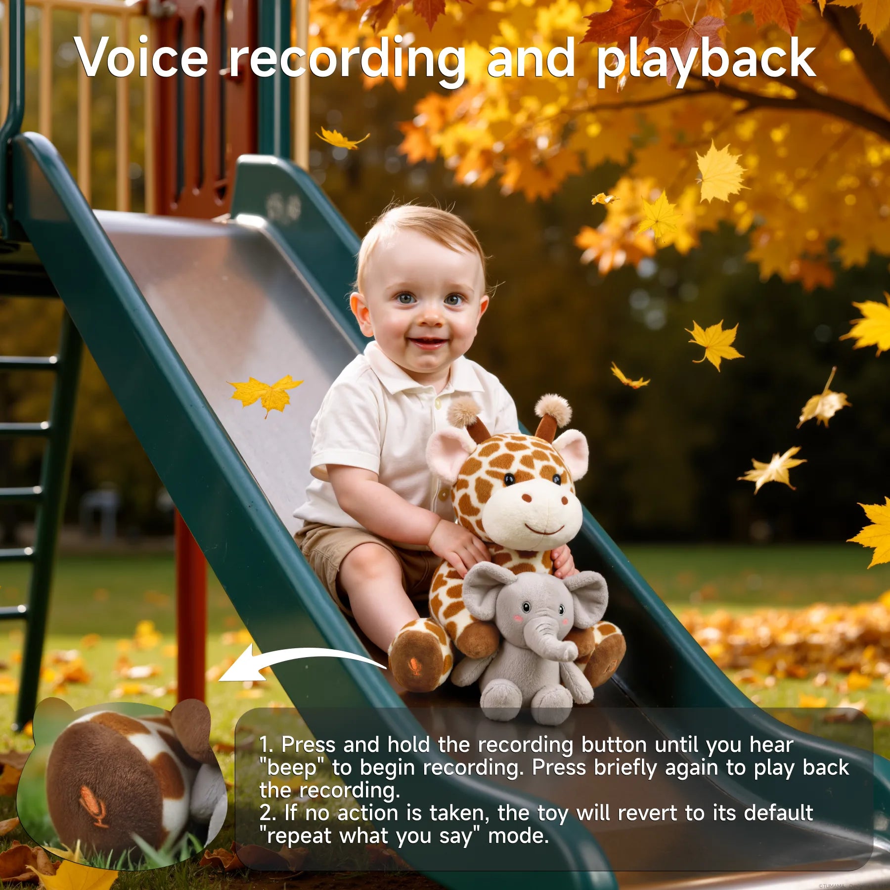 Baby sitting on a playground slide during autumn, smiling while holding an interactive giraffe and elephant stuffed animal that features voice recording and playback functions; instructional overlay shows how to use the toy’s recording feature.
