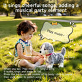 Child sitting on sunlit grass, interacting with a gray and white plush puppy toy that responds to the voice command “Play music,” as the toy walks, wags its tail, and sings a cheerful tune