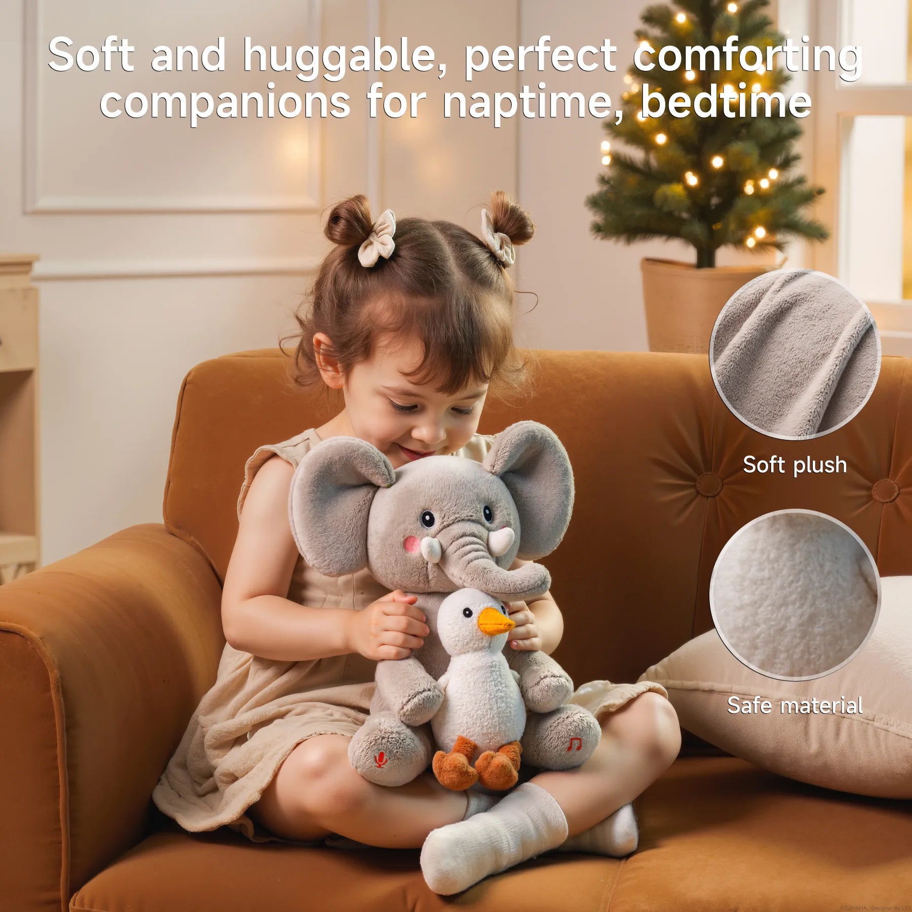 A young girl in a beige dress sits comfortably on a soft brown armchair, lovingly hugging a plush elephant toy that holds a duck. The toy features symbols on its feet indicating interactive buttons. Two circular insets display close-ups of the toy’s fabric, labeled “Soft plush” and “Safe material.” Text at the top reads, “Soft and huggable, perfect comforting companions for naptime, bedtime.”