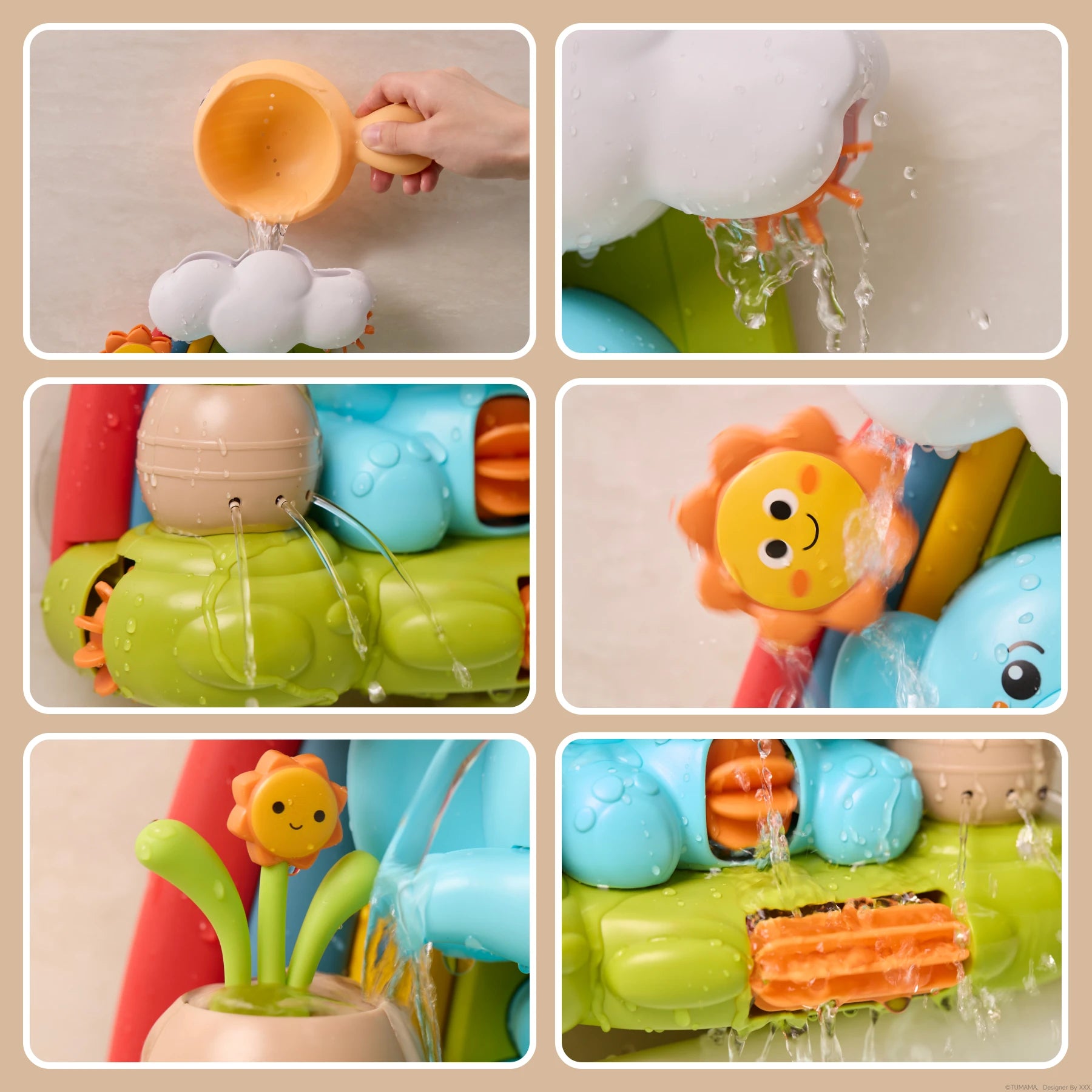 Close-up collage showing interactive features of a toddler waterfall bath toy, including water being poured into a cloud, spinning gears, flowing streams from flower pots, rotating sun, and waterwheel motion to engage and entertain during bath time.