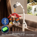 Zebra-patterned rechargeable Bluetooth crib mobile with red crab plush and hanging sea animal toys, mounted on a wooden crib. A blue Bluetooth icon and a green 1500mAh lithium battery icon appear. Caption at the bottom reads: “(Rechargeable version) Zebra Crib mobile (Bluetooth) + Plush set + Lithium battery *1.”