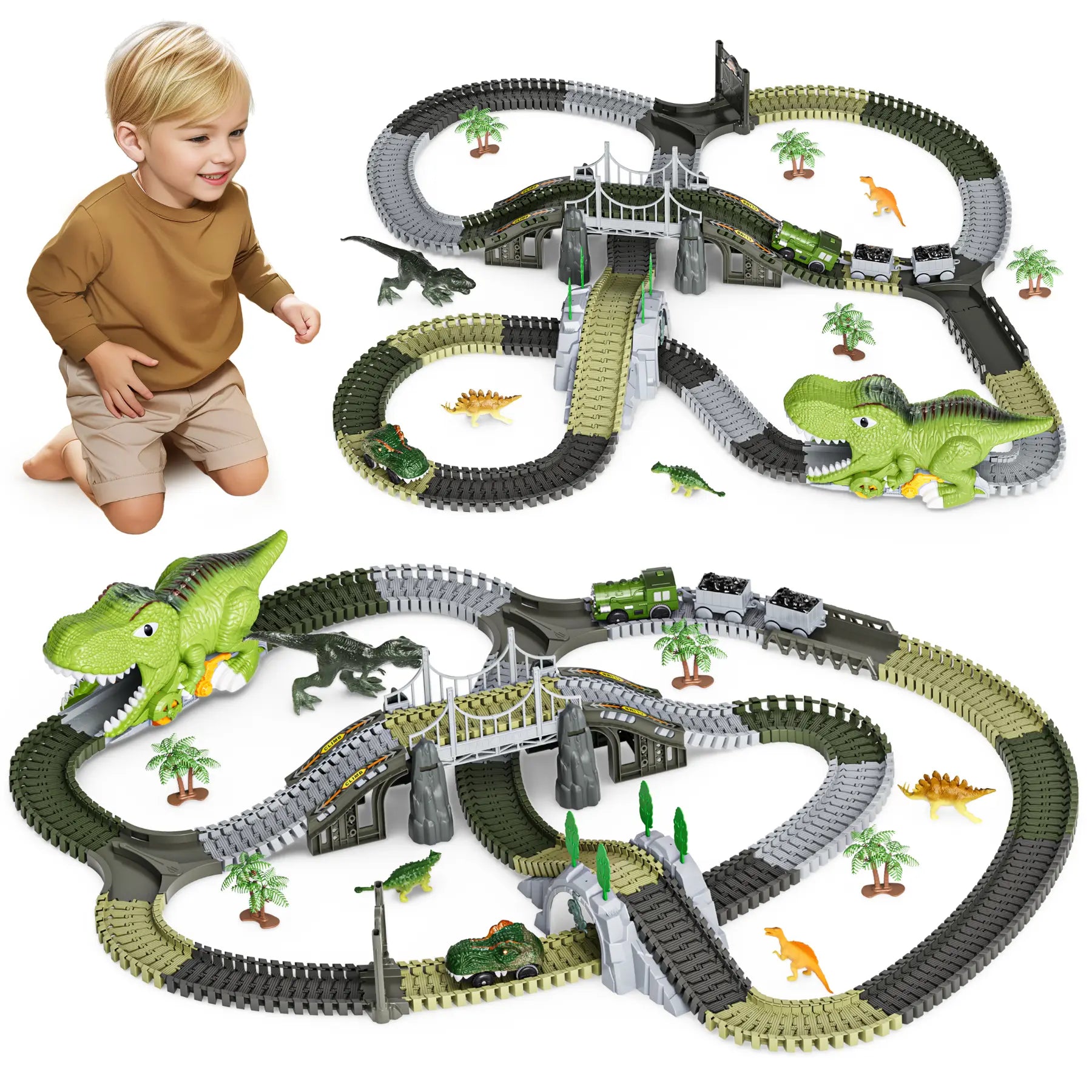 Dinosaurier-Spielzeug-Rennstrecke, 281-teiliges Dinosaurier-Zugspielzeug, flexible Eisenbahnschienen mit Dinosaurierfiguren, Elektroautos, Spielset für Kleinkinder ab 3 Jahren