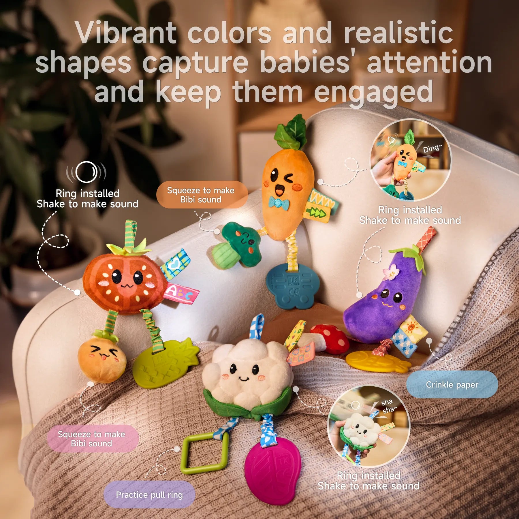 A collection of colorful fruit and vegetable baby toys, including a carrot, tomato, cauliflower, and eggplant, showcasing interactive features like crinkle paper, pull rings, and squeaky sounds. Perfect for sensory and developmental play.