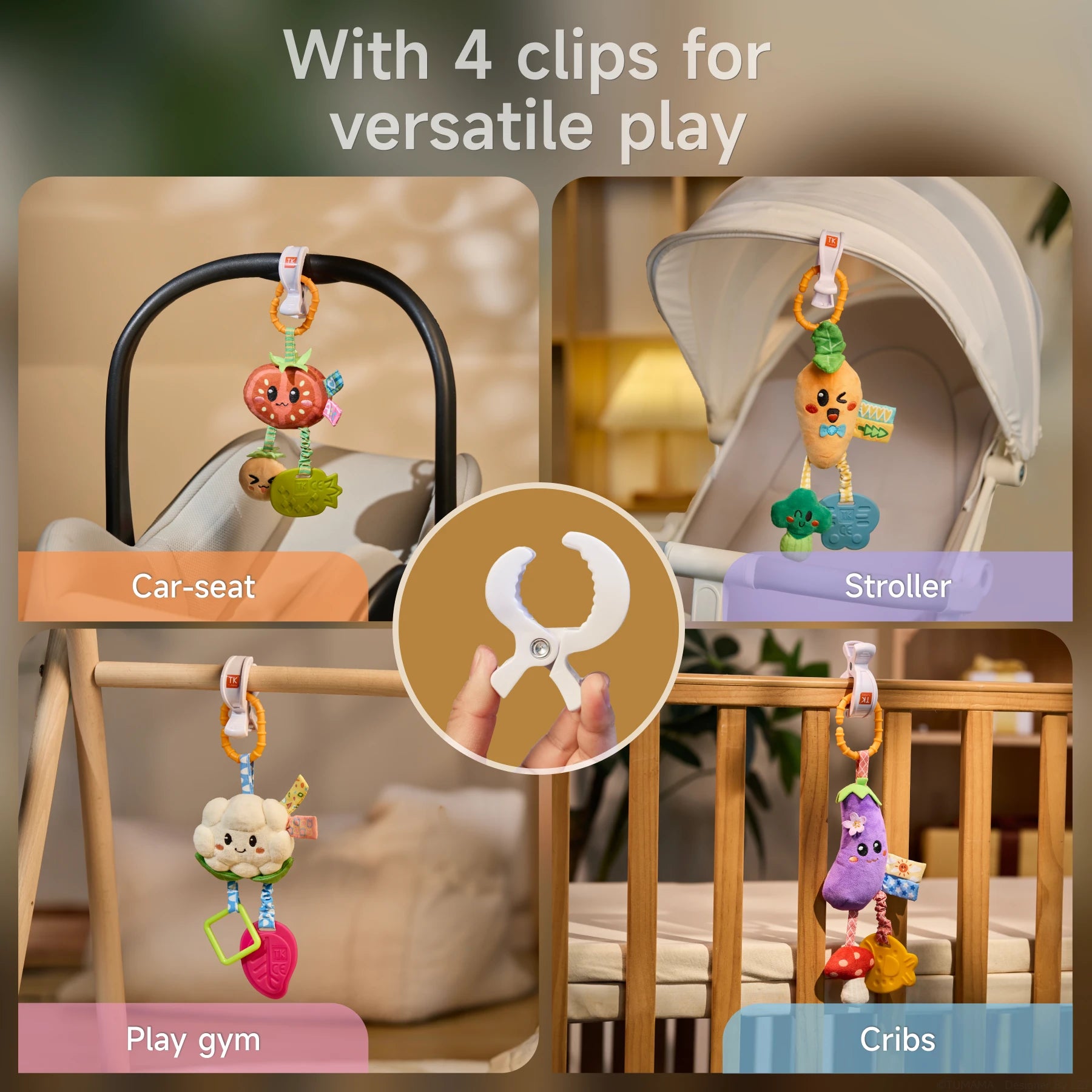 A set of baby hanging toys clipped to various baby gear: a car seat, stroller, play gym, and crib. The toys feature colorful fruit and vegetable designs, including tomato, carrot, cauliflower, and eggplant, with secure clips for versatile play.