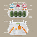Front and back view of a baby musical keyboard toy with labeled parts. The front shows buttons for light mode, music mode, sleep mode, Bluetooth connection, volume, and power on/off, along with four green keys. The back displays the battery compartment, straps, soft rubber, main unit rotation key, and remote control storage.