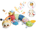 Colorful stuffed animal caterpillar toy with sensory features including rattle, teether, crinkle paper, squeaker, and soft plush segments, designed for infant and toddler development.