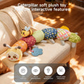 Stuffed animal caterpillar plush toy placed on a sofa, featuring multiple sensory elements like rattle, teether, and crinkle paper; promotes visual and auditory development, made from safe materials for parent-child interaction.