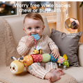 Baby sitting on a sofa chewing on a blue teether attached to a colorful plush caterpillar toy; text overlay highlights the toy's safety and durability for worry-free chewing and play.