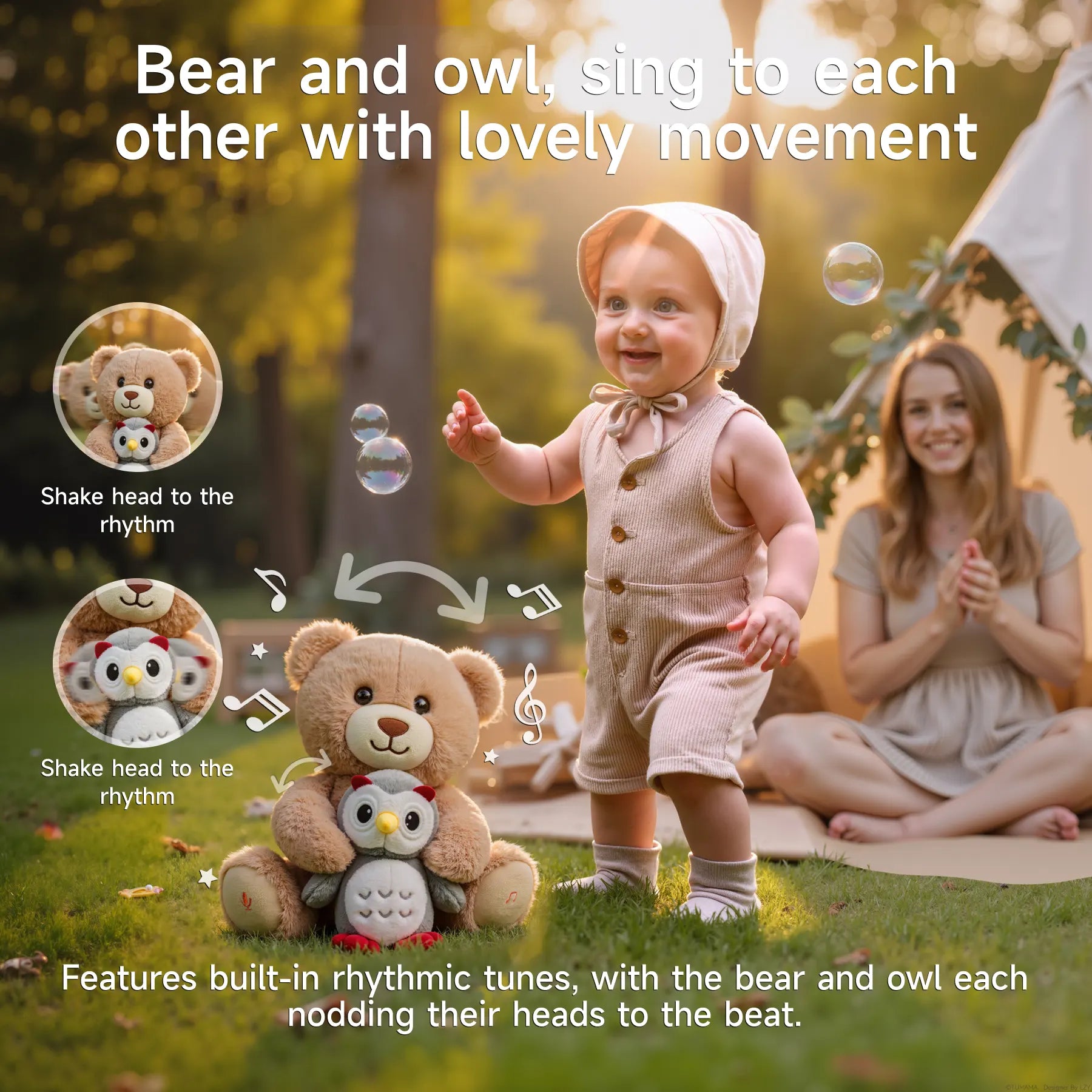 A teddy bear and owl plush toy sit on the grass while nodding their heads to the rhythm. A smiling toddler plays nearby outdoors with a tent and parent in the background, showcasing the toy’s interactive singing feature in a joyful setting.