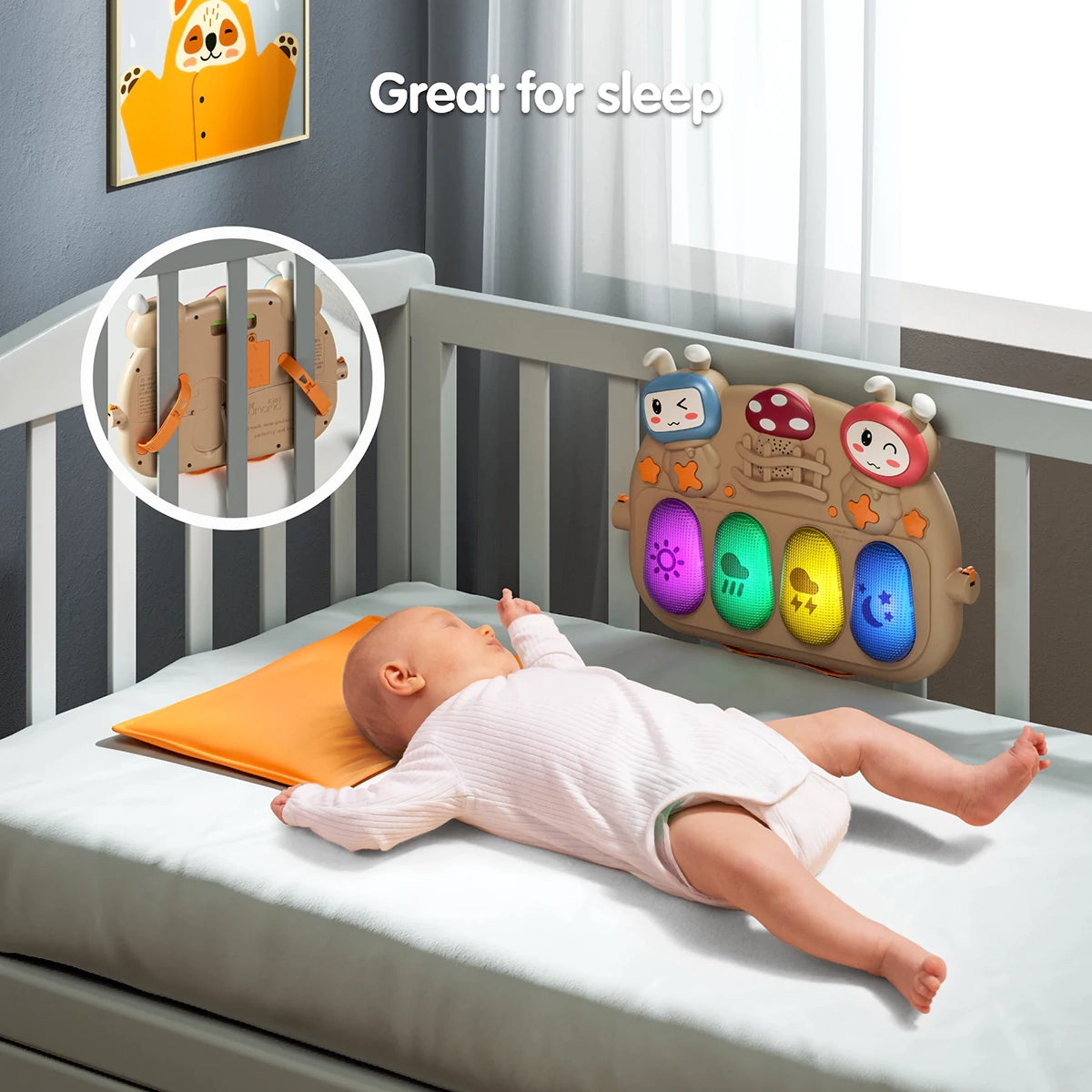 Baby lying in crib with colorful musical keyboard toy attached to the crib rails, glowing lights on piano keys, inset showing back straps for secure attachment.