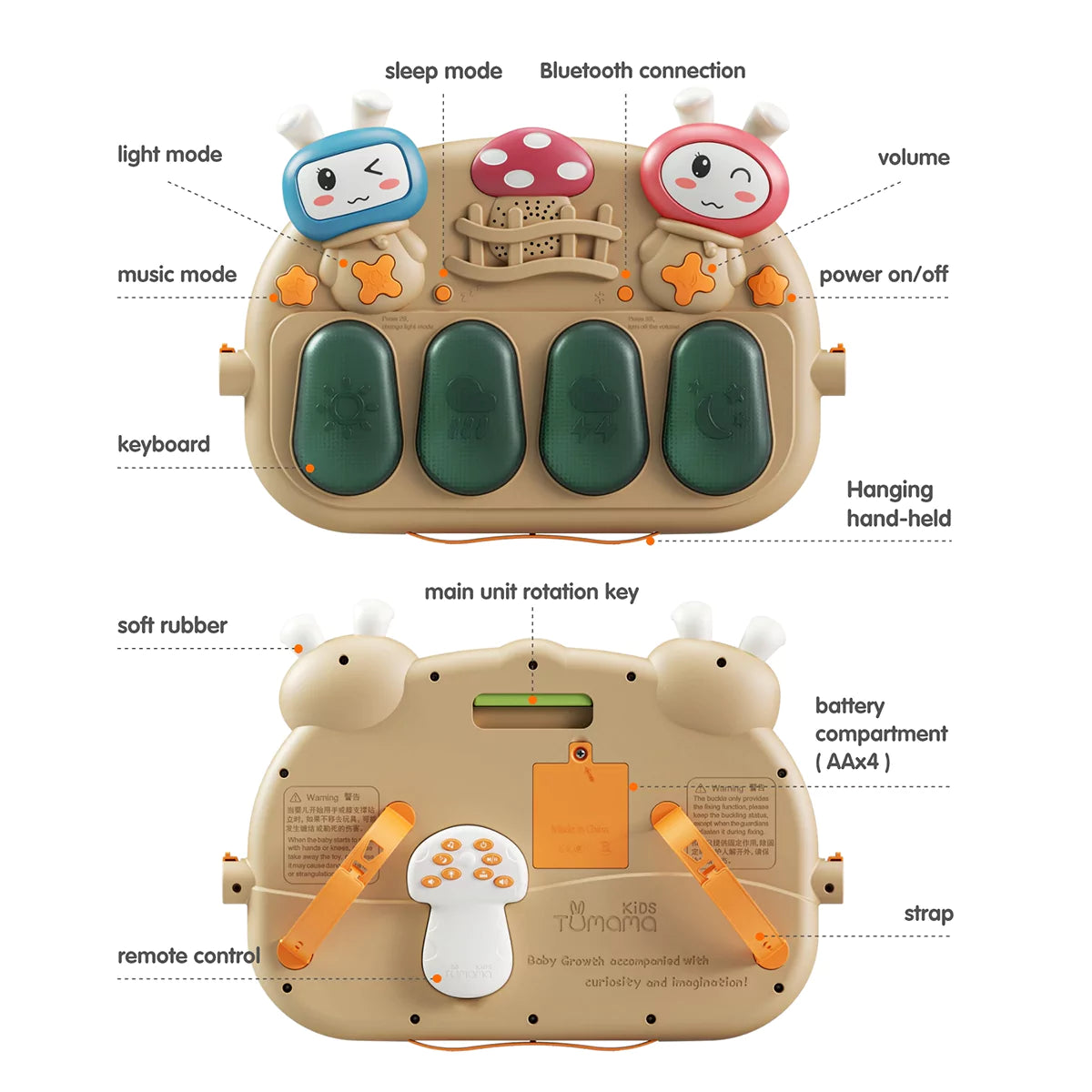 Close-up of the TM230 baby gym music console, showing front and back views with labeled functions such as sleep mode, Bluetooth connection, light mode, music mode, volume, power on/off, keyboard, soft rubber, main unit rotation key, battery compartment, remote control, strap, and hanging hand-held option.