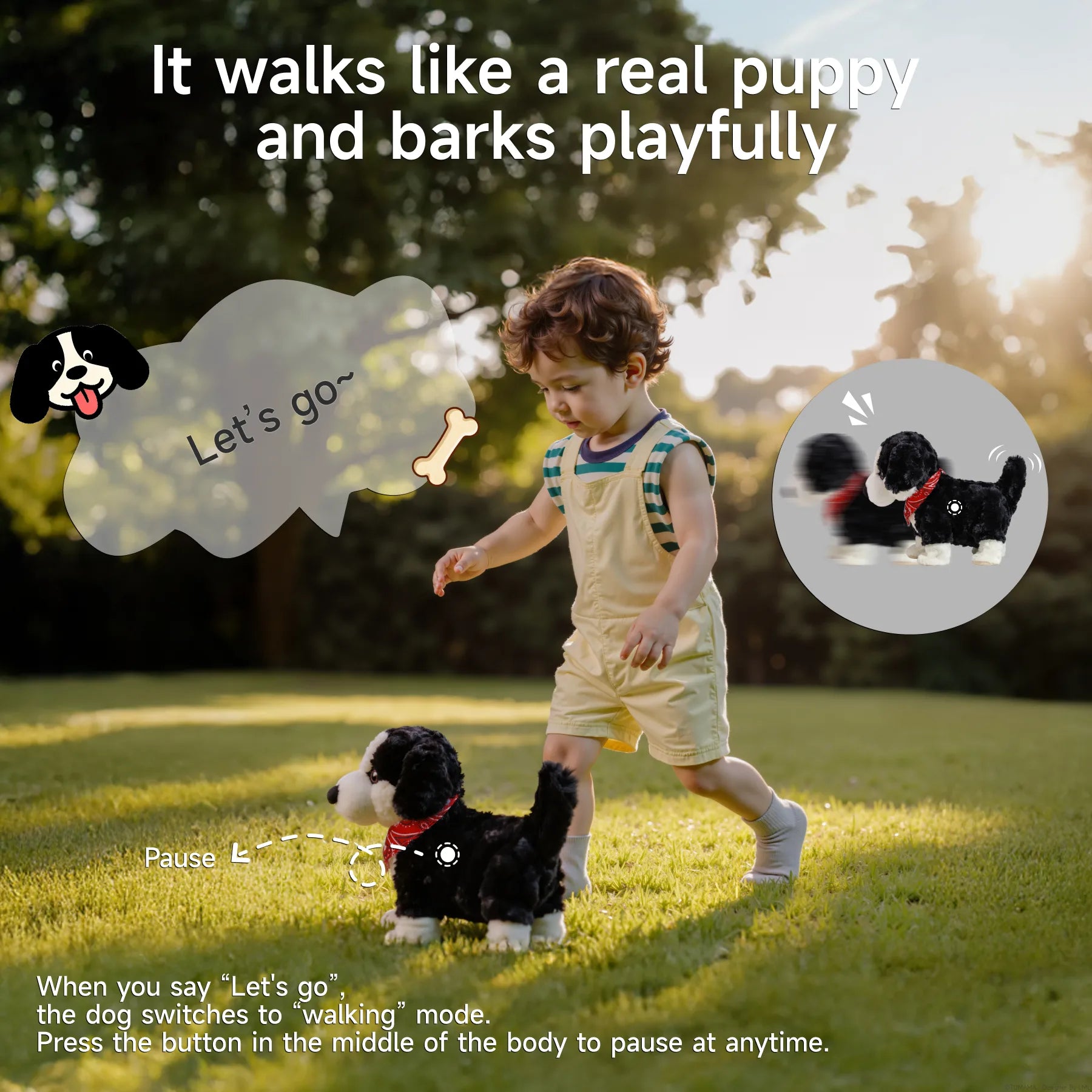 A child walking beside a voice-controlled realistic toy dog wearing a red bandana, as the toy moves forward in “walking mode” and barks playfully in the park.